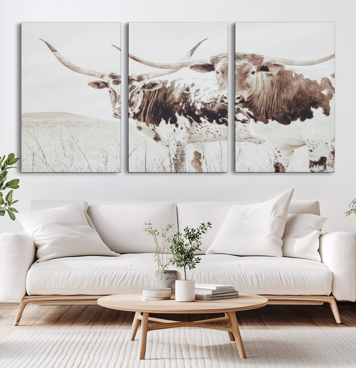 Longhorn Wall Art Wall Art Canvas Print, Western Cow Canvas Print, Framed Rustic Farm Decor Art Print, Large Neutral Animal Scene Printing