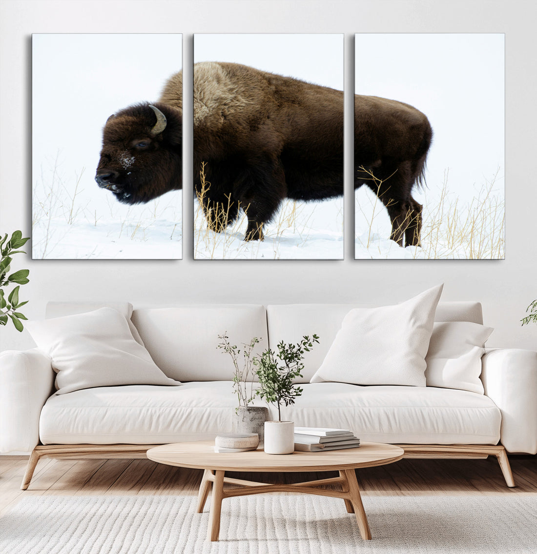 Bison Wall Art Canvas Print, Framed Western Wildlife Buffalo in Snow