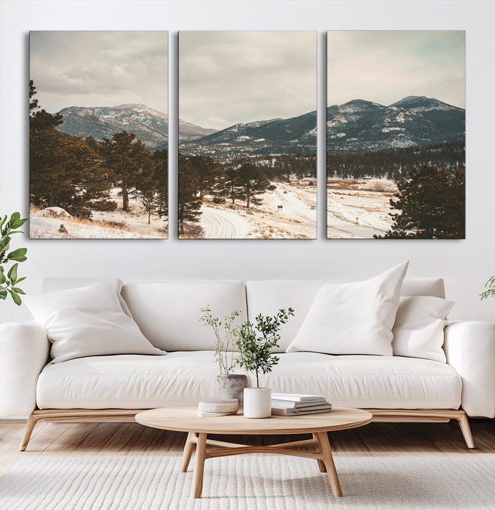 Mountain Landscape Wall Art Canvas Print, Framed Snowy Peaks Art Picture Print, Alpine Aesthetic Perfect Rustic Winter Decor Artwork