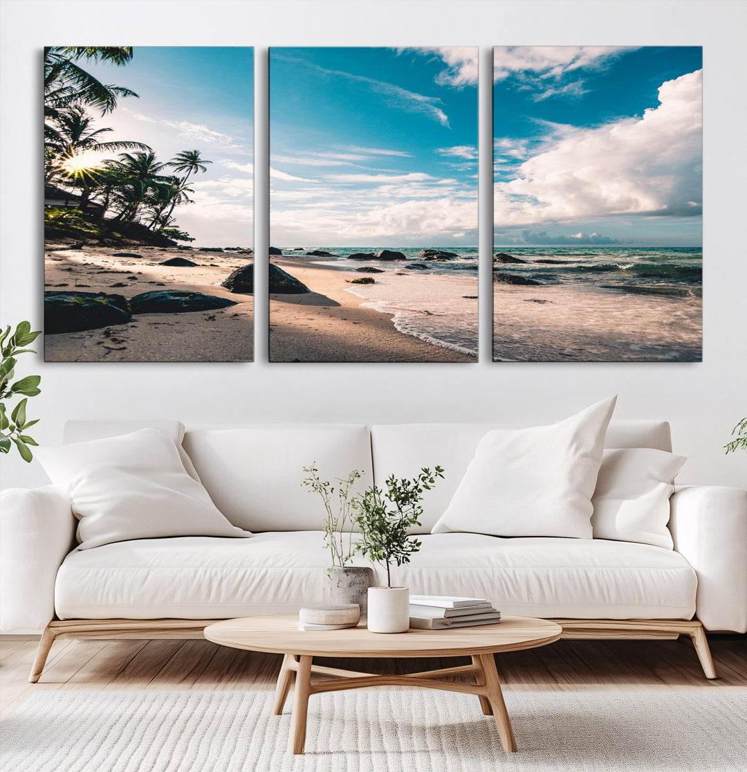 Tropical Beach Wall Art Canvas Print, Framed Ocean Waves Art Picture Print, Relaxing Seascape Perfect Tropical Coastal Decor Artwork