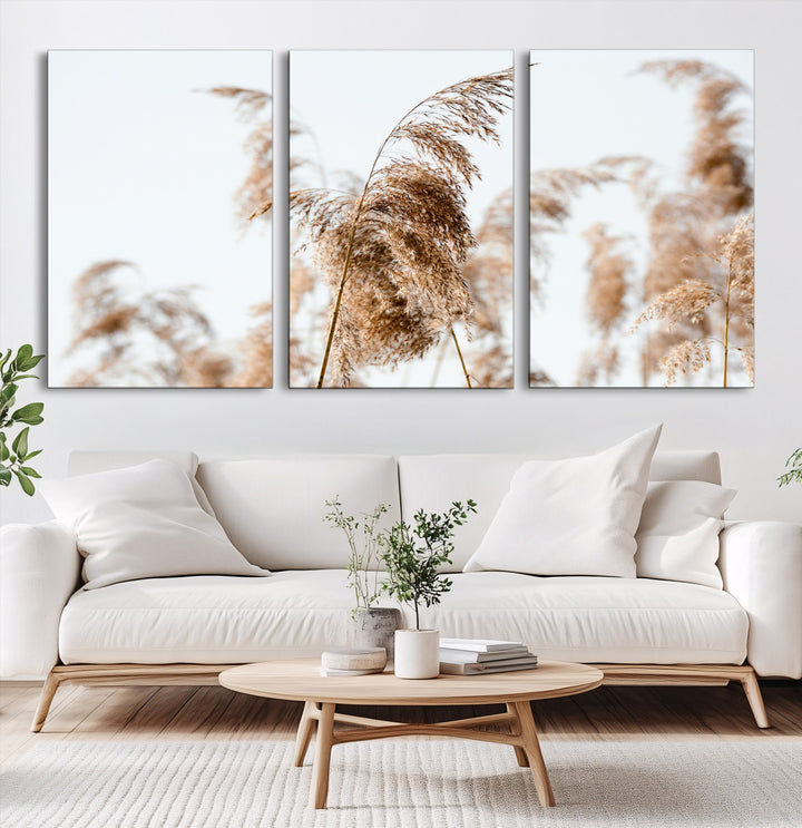 Pampas Grass Wall Art Canvas Print, Framed Neutral Tones Art Picture Print, Minimalist Nature Perfect Boho Decor Artwork