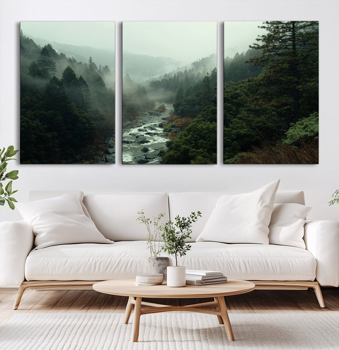 Misty Forest Wall Art Canvas Print, Framed Foggy River Art Picture Print, Moody Landscape Perfect Wilderness Decor Artwork