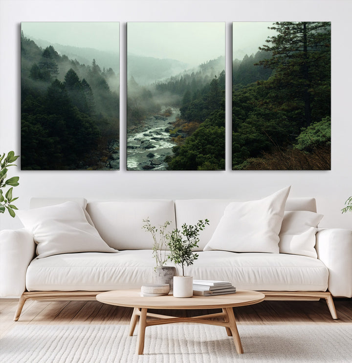 Misty Forest Wall Art Canvas Print, Framed Foggy River Art Picture Print, Moody Landscape Perfect Wilderness Decor Artwork