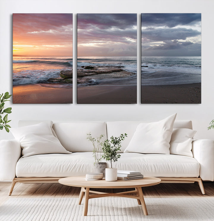 Golden Hour Wall Art Canvas Print, Framed Tranquil Waves Art Picture Print, Beach Perfect Coastal Serenity Decor Artwork