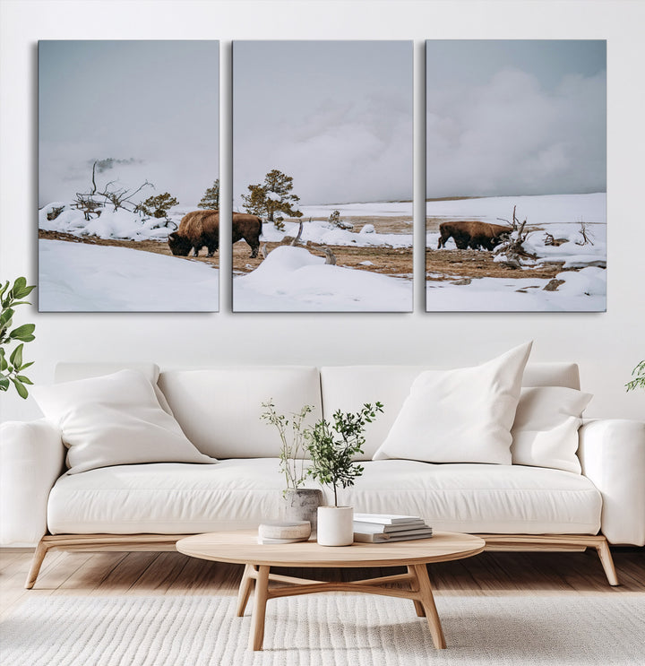 Bison Wildlife Wall Art Canvas Print, Framed Snowy Prairie Art Picture Print, Western Perfect Rustic Decor Artwork
