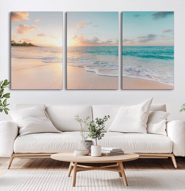 Beach Sunset Wall Art Canvas Print, Framed Ocean Waves Art Picture Print, Summer Escape Perfect Coastal Decor Artwork