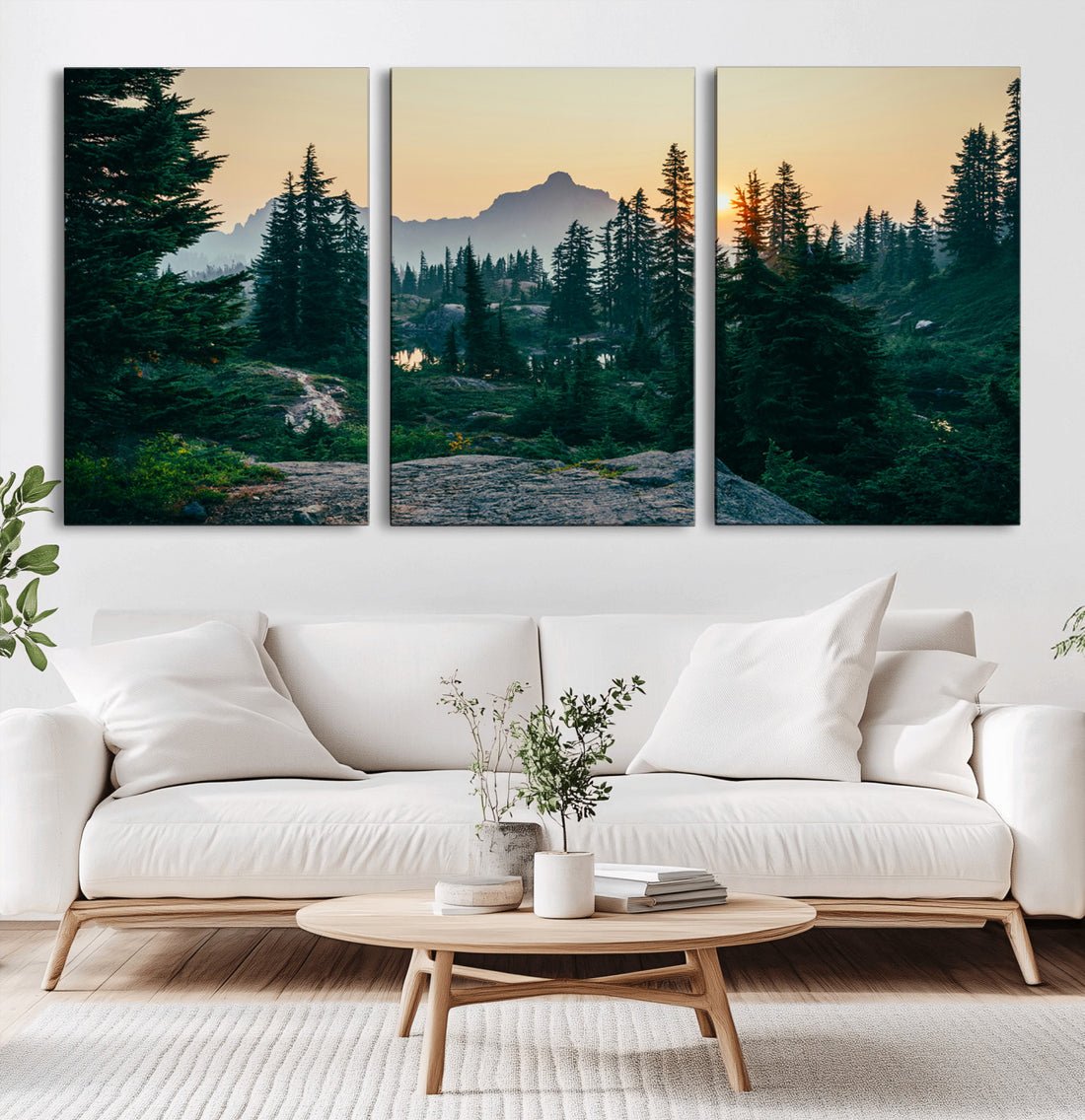Mountain Wall Art Canvas Print, Framed Forest Serenity Golden Hour