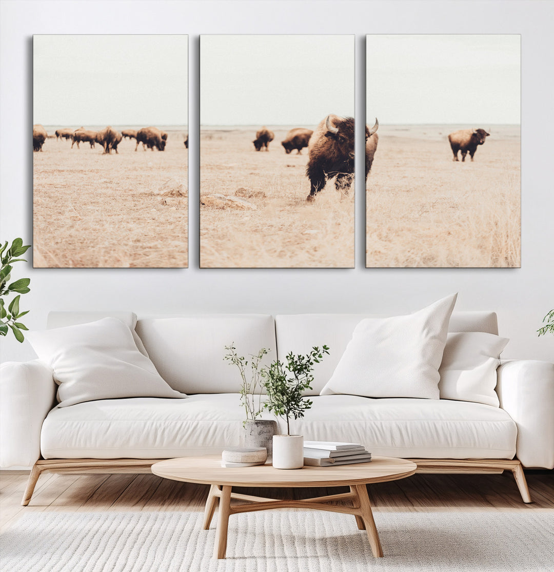 Bison Herd Wall Art Canvas Print, Framed Western Art Picture Print, Prairie Serenity Perfect Ranch Decor Artwork
