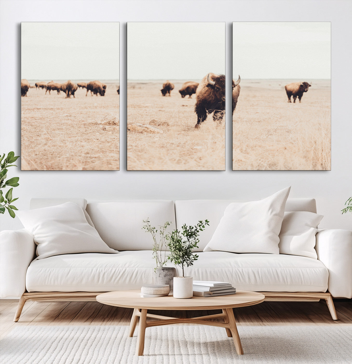 61367865-MGV-CV-60X30-3P-Bison Herd Wall Art Canvas Print, Framed Western Art Picture Print, Prairie Serenity Perfect Ranch Decor Artwork