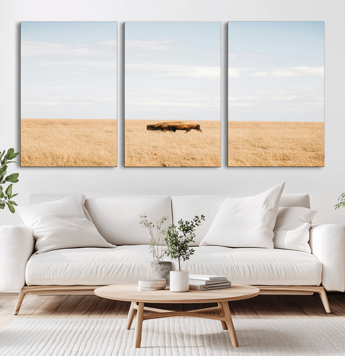 Bison Grassland Wall Art | Framed Minimal Nature Canvas