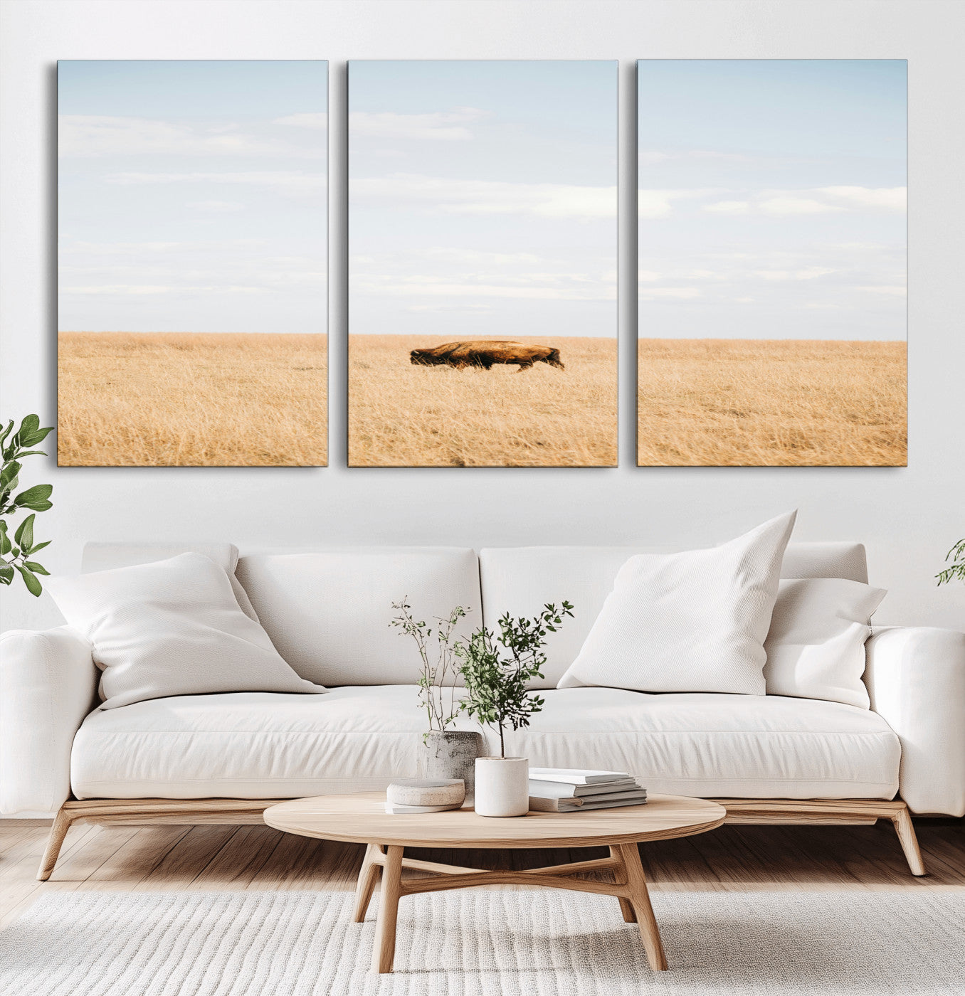 MGV-CV-60X30-3P - Minimalist Nature Wall Art Canvas Print, Framed Bison In Grassland Art Picture Print, Open Field Perfect Modern Ranch Decor Decor Artwork