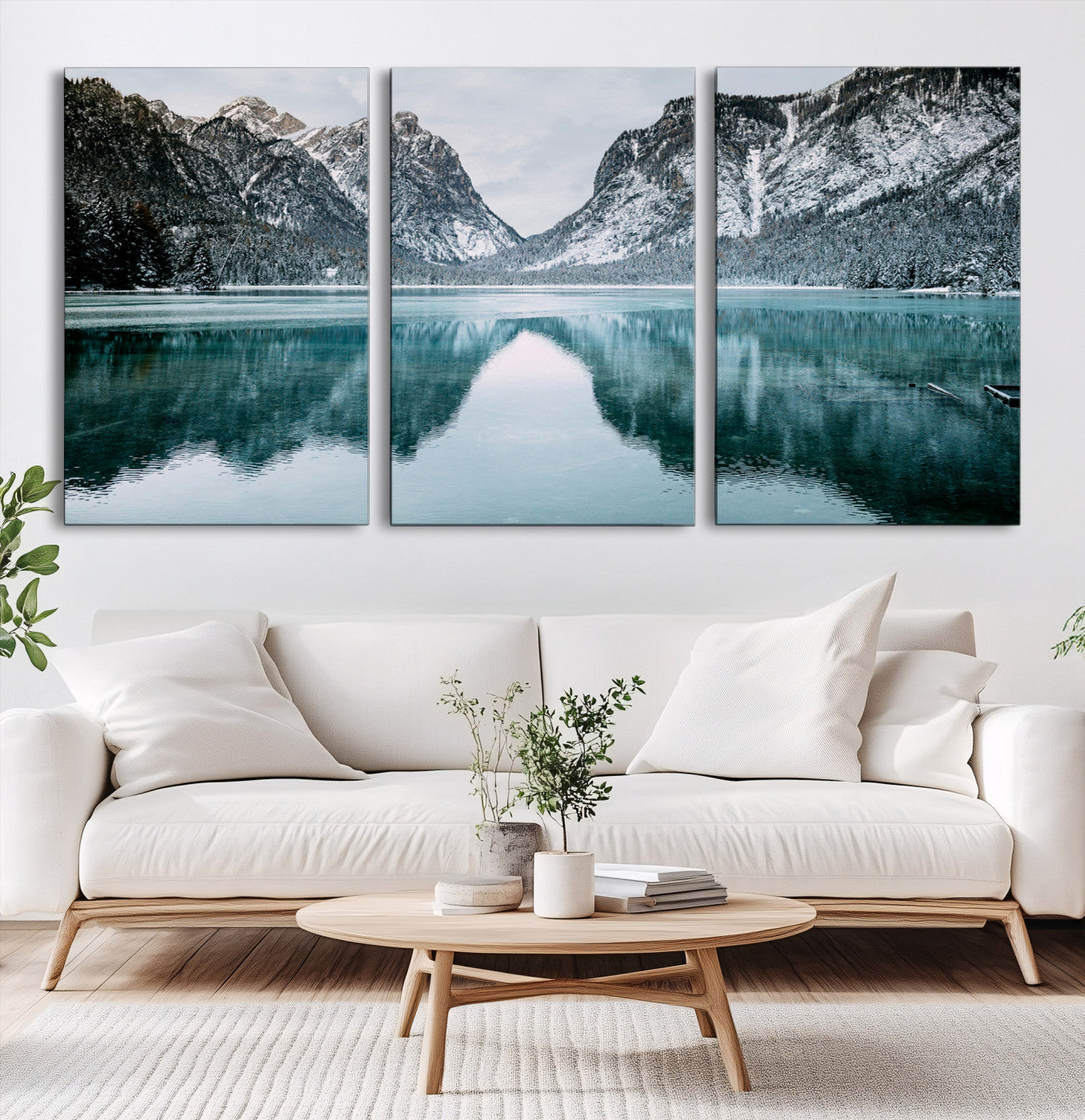 73098373-MGV-CV-60X30-3P-Mountain Lake Wall Art Canvas Print – Snowy Peaks Winter Wonderland Scene Serene Nature Landscape Artwork for Home Office