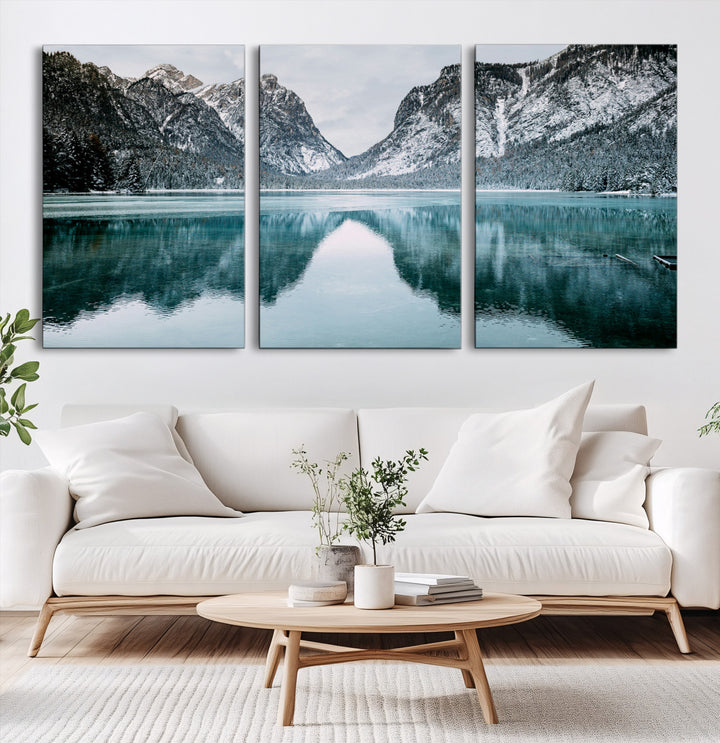 Mountain Lake Wall Art Canvas Print, Framed Winter Wonderland Art Picture Print, Snowy Peaks Perfect Modern Nature Decor Artwork