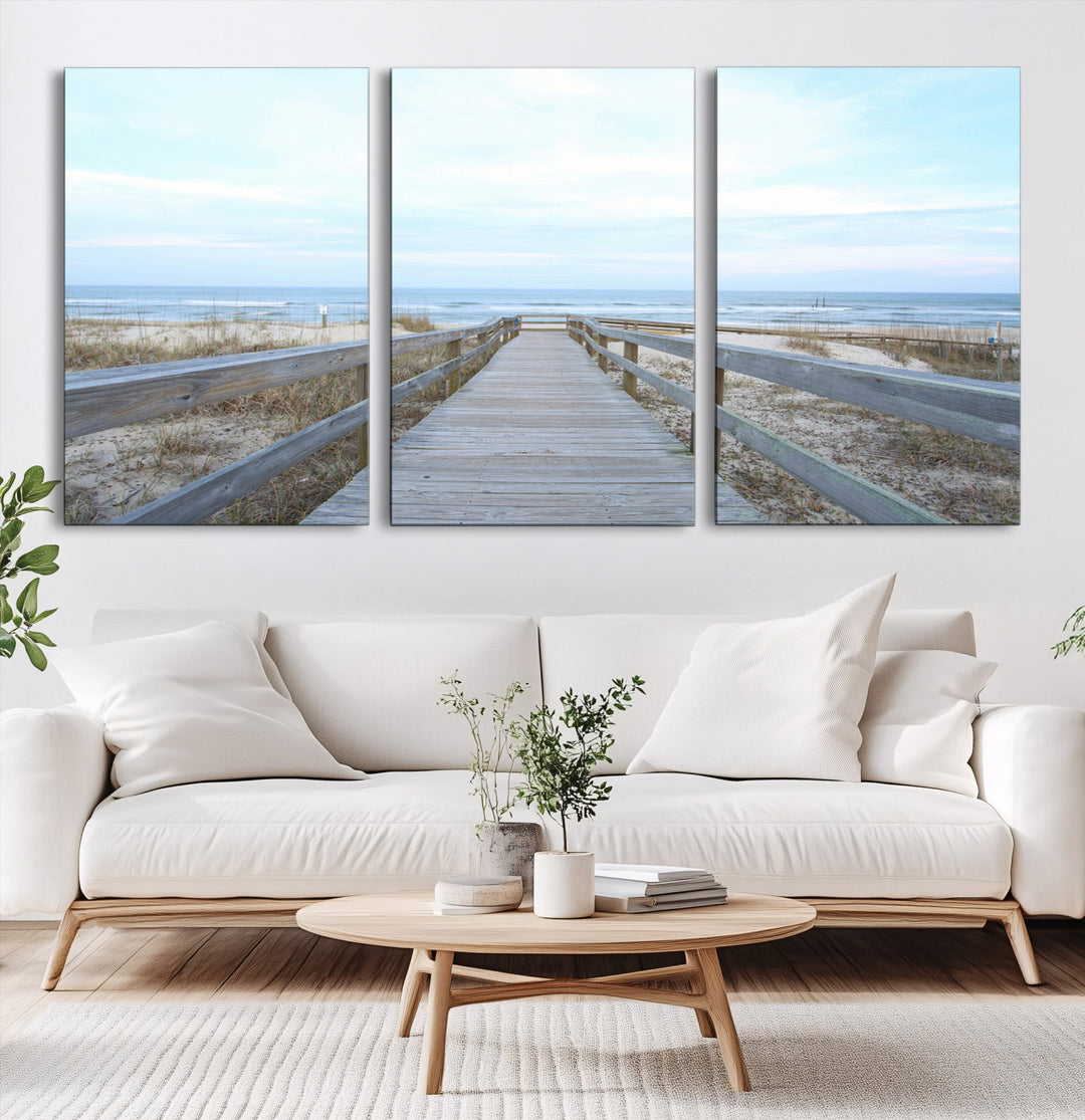 Beach Boardwalk Wall Art Canvas Print, Framed Coastal Serenity Art Picture Print, Ocean View Perfect Coastal Minimalist Decor Artwork