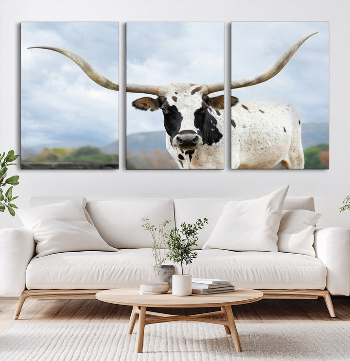 Texas Longhorn Wall Art Canvas Print, Framed Western Rustic Art Picture Print, Farmhouse Decor Perfect Farmhouse Decor Artwork