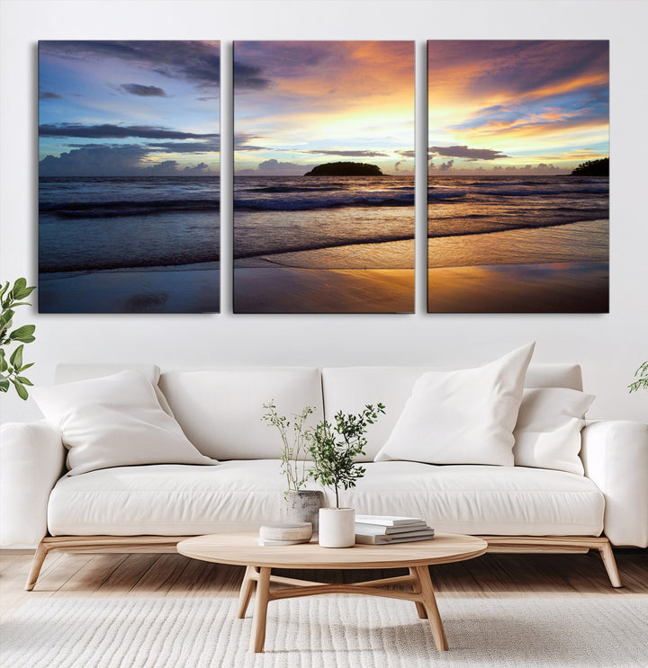 Beach Sunset Wall Art Canvas Print, Framed Ocean Waves Art Picture Print, Tropical Seascape Perfect Coastal Serenity Decor Artwork