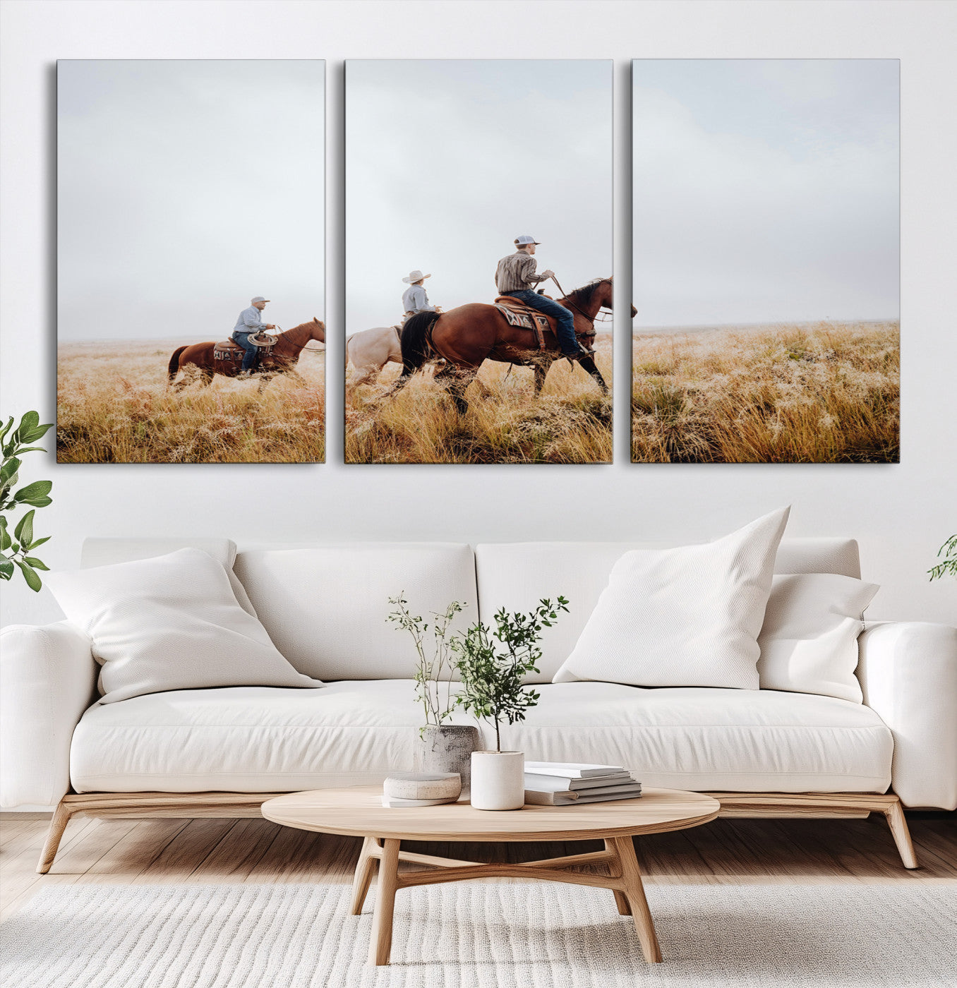94723307-MGV-CV-60X30-3P-Western Cowboys Wall Art Canvas Print – Rustic Prairie Horseback Riding Scene Country Landscape Artwork for Home Office