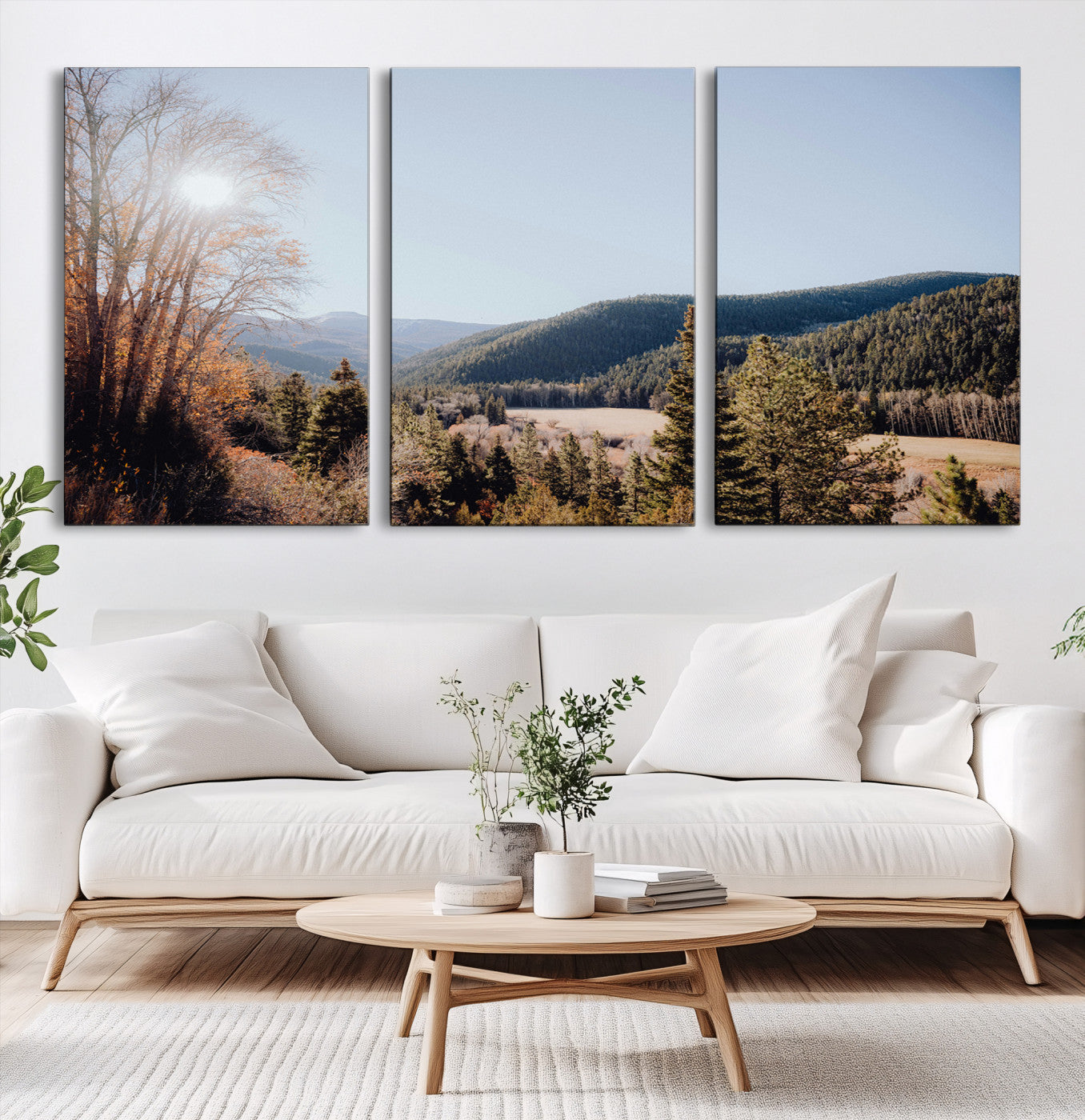 52941305-MGV-CV-60X30-3P-Rustic Landscape Wall Art Canvas Print – Serene Valley Scene Pine Tree Horizon Nature Artwork for Home Office