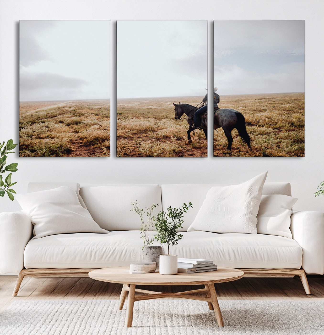 57597730-MGV-CV-60X30-3P-Cowboy Wall Art Canvas Print – Framed Western Rustic Ranch Scene Country Landscape Artwork for Home Office