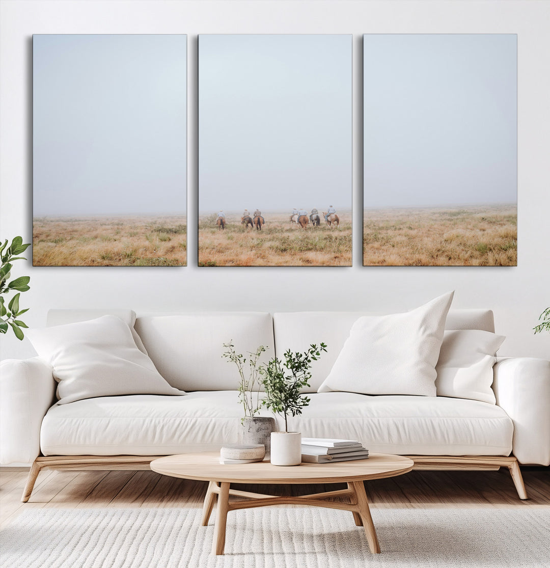 Foggy Plains Wall Art Canvas Print, Framed Horseback Riders Art Picture Print, Rustic Western Perfect Rustic Western Decor Artwork
