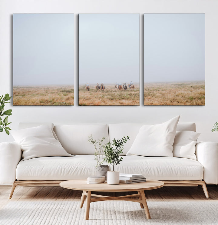 Foggy Plains Wall Art Canvas Print, Framed Horseback Riders Art Picture Print, Rustic Western Perfect Rustic Western Decor Artwork