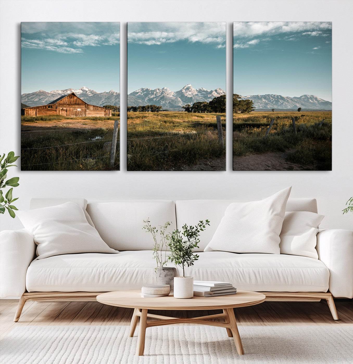 92497443-MGV-CV-60X30-3P-Rustic Farmhouse Wall Art Canvas Print – Framed Mountain Cabin Western Landscape Scene Artwork for Home Office