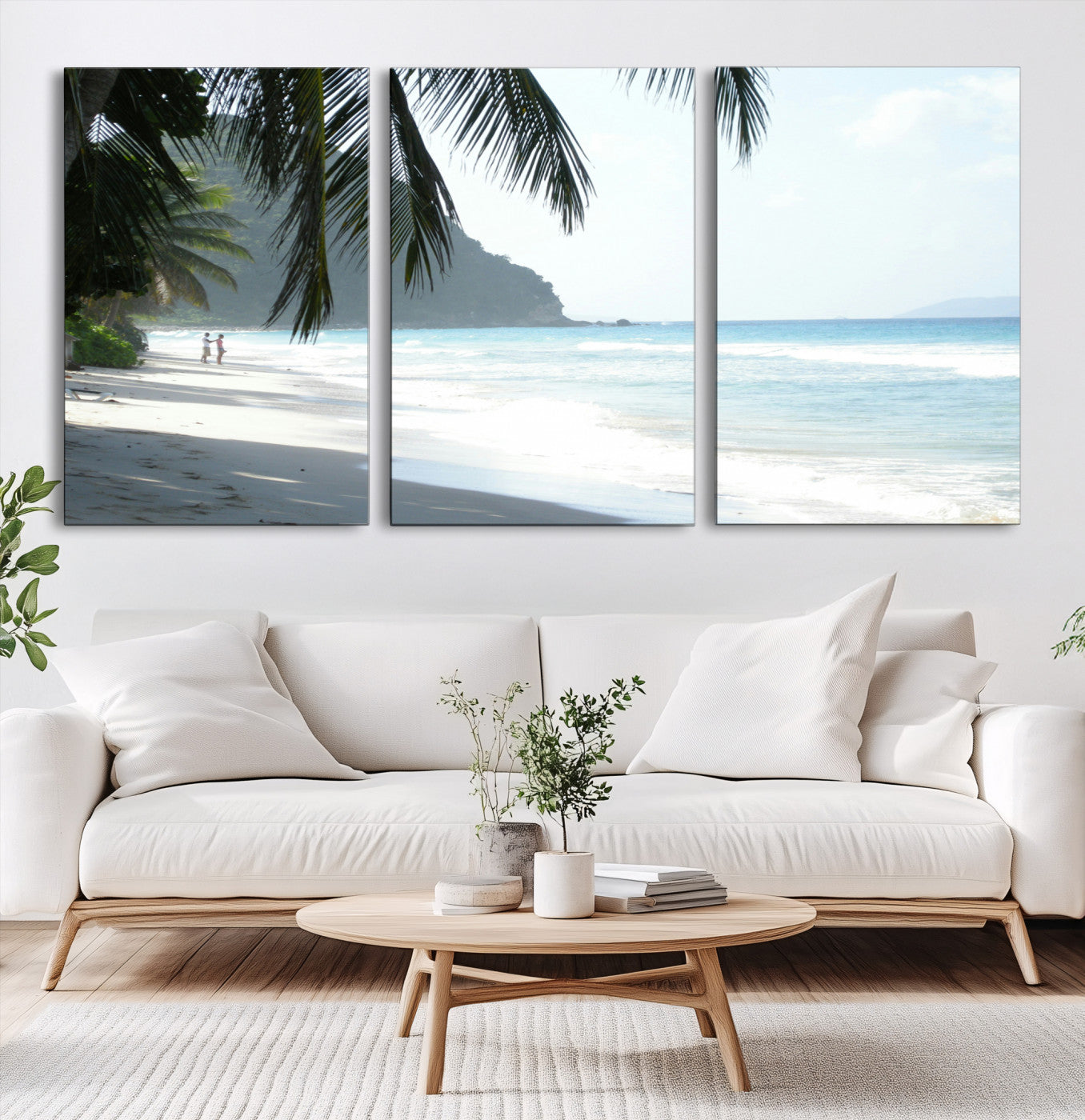18311030-MGV-CV-60X30-3P-Tropical Beach Wall Art Canvas Print – Framed Serene Ocean Scene Palm Tree Shadows Coastal Nature Artwork for Home Office
