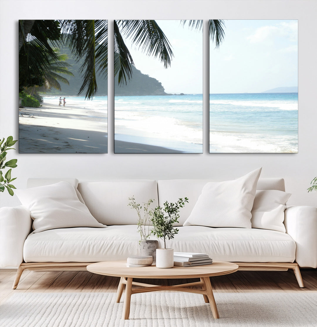 Tropical Beach Wall Art Canvas Print, Framed Serene Ocean Art Picture Print, Palm Tree Shadows Perfect Tropical Coastal Decor Artwork