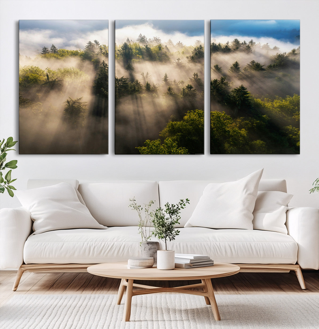 14785710-MGV-CV-60X30-3P-Tranquil Forest Scene Wall Art Canvas Print – Framed Moody Sunbeam Through Trees Nature Artwork for Home Office