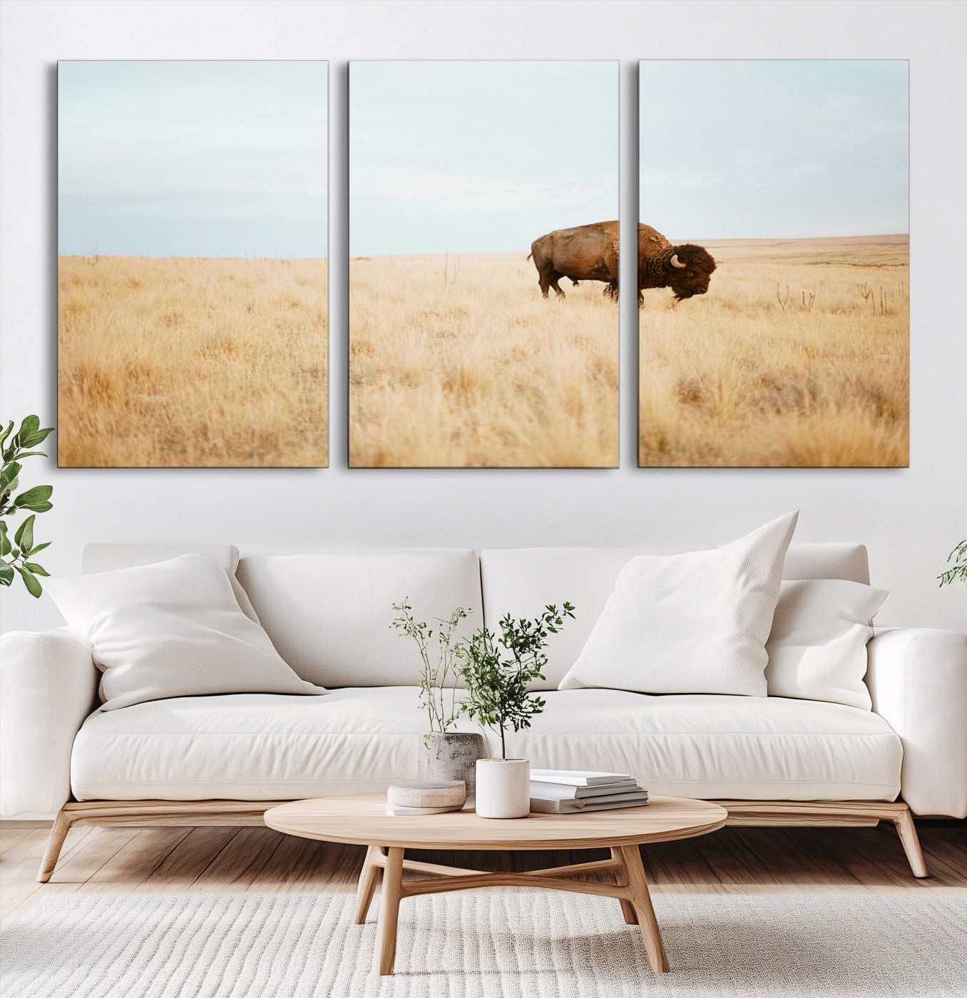 61392510-MGV-CV-60X30-3P-Buffalo Wall Art Canvas Print – Framed Western Wildlife Rustic Prairie Scene Nature Artwork for Home Office