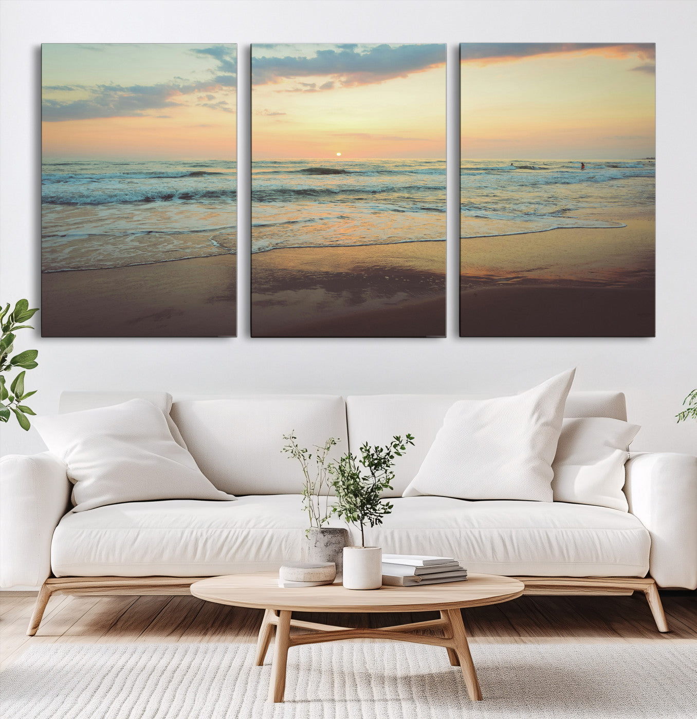 15261505-MGV-CV-60X30-3P-Sunset Seascape Wall Art Canvas Print – Framed Pastel Ocean View Tranquil Beach Scene Nature Artwork for Home Office