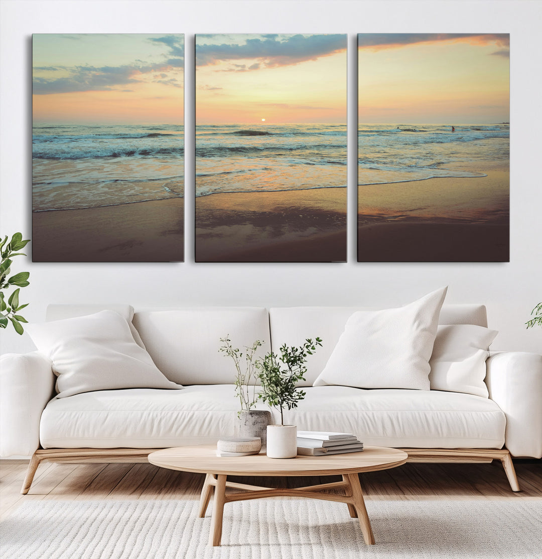 Sunset Seascape Wall Art Canvas Print, Framed Pastel Ocean View Art Picture Print, Tranquil Shoreline Perfect Boho Coastal Decor Artwork