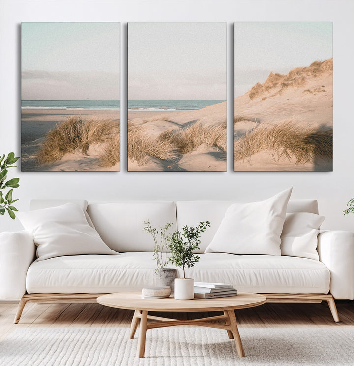 Minimalist Seascape Wall Art Canvas Print, Framed Neutral Beach Print Art Picture Print, Sand Dune Photography Perfect Scandinavian Coastal