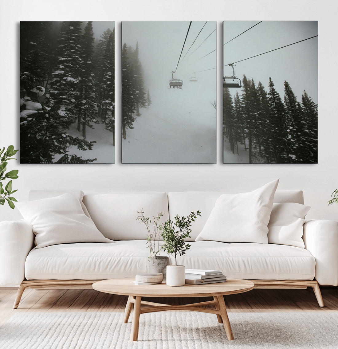 Ski Lift Wall Art Canvas Print, Framed Snowy Pines Art, Misty Landscape Winter Decor