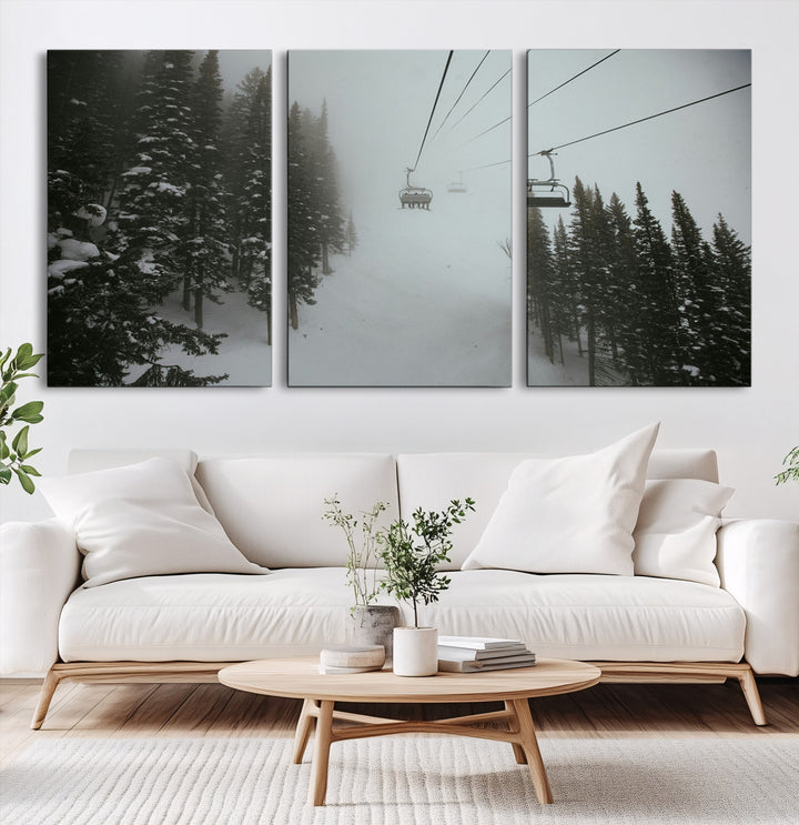 Ski Lift Wall Art Canvas Print, Framed Snowy Pines Art Picture Print, Misty Landscape Perfect Winter Serenity Decor Artwork
