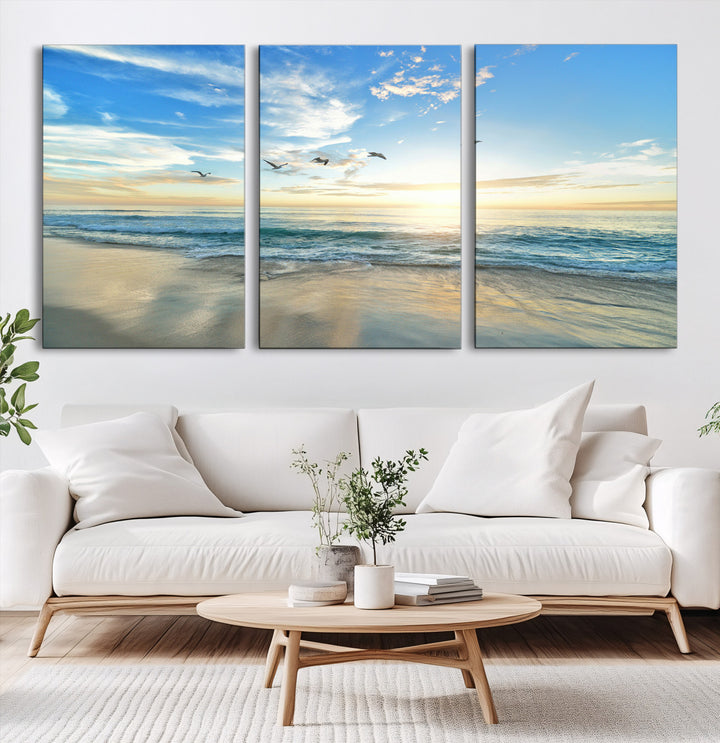 20708696-MGV-CV-60X30-3P-Minimalist Seaside Morning Glow Art Canvas Print, Golden Reflections Perfect Coastal Minimalist Decor Artwork
