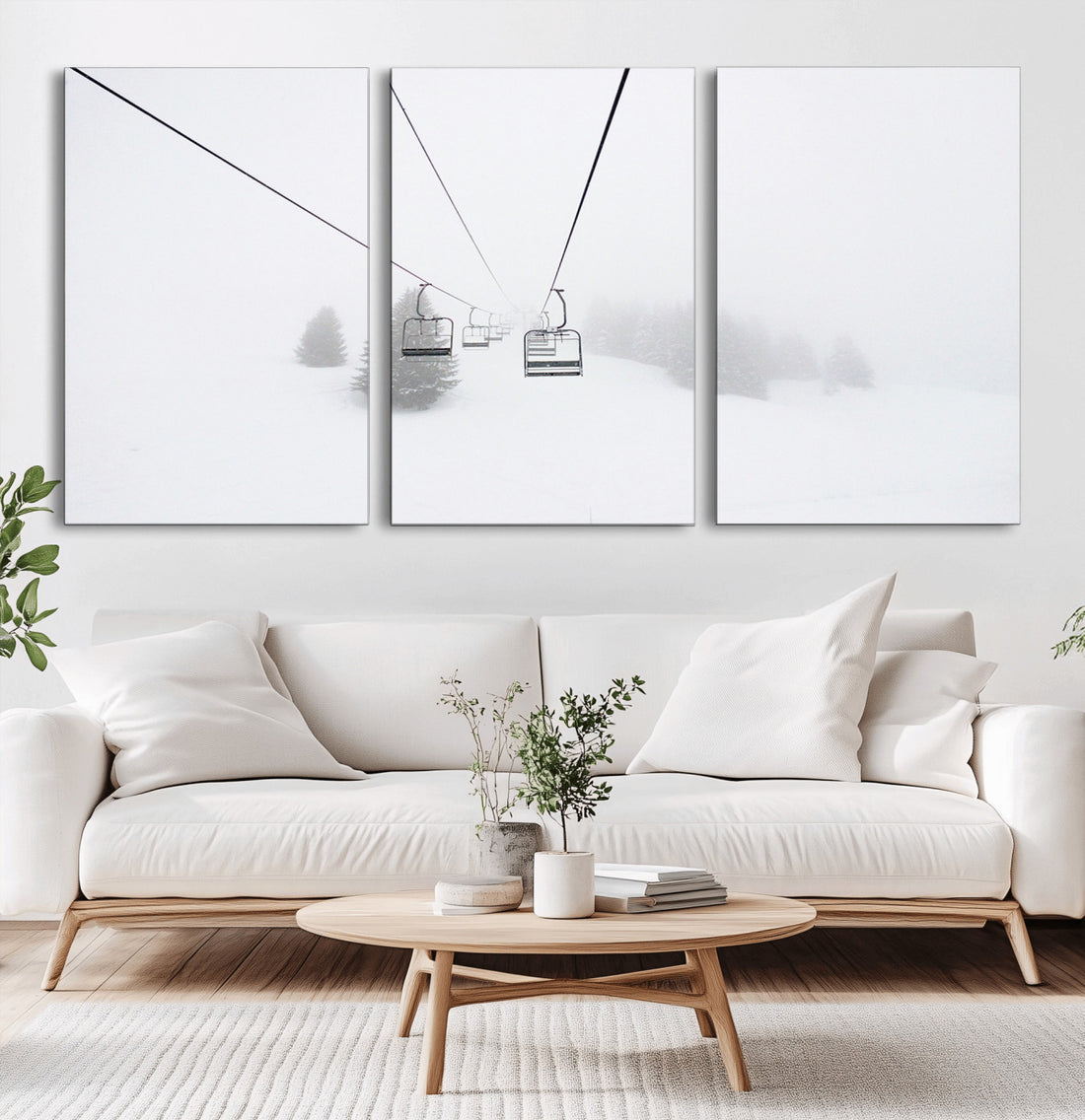 Ski Lift Wall Art Canvas Print, Framed Snowy Landscape Art, Alpine Adventure Nordic Minimalist Decor