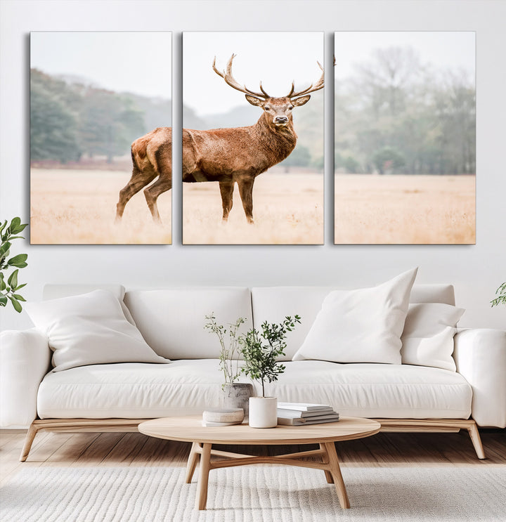 Vintage Wildlife Canvas Print, Framed Misty Landscape Art Picture Print, Deer Wall Art Perfect Rustic Wildlife Decor Artwork