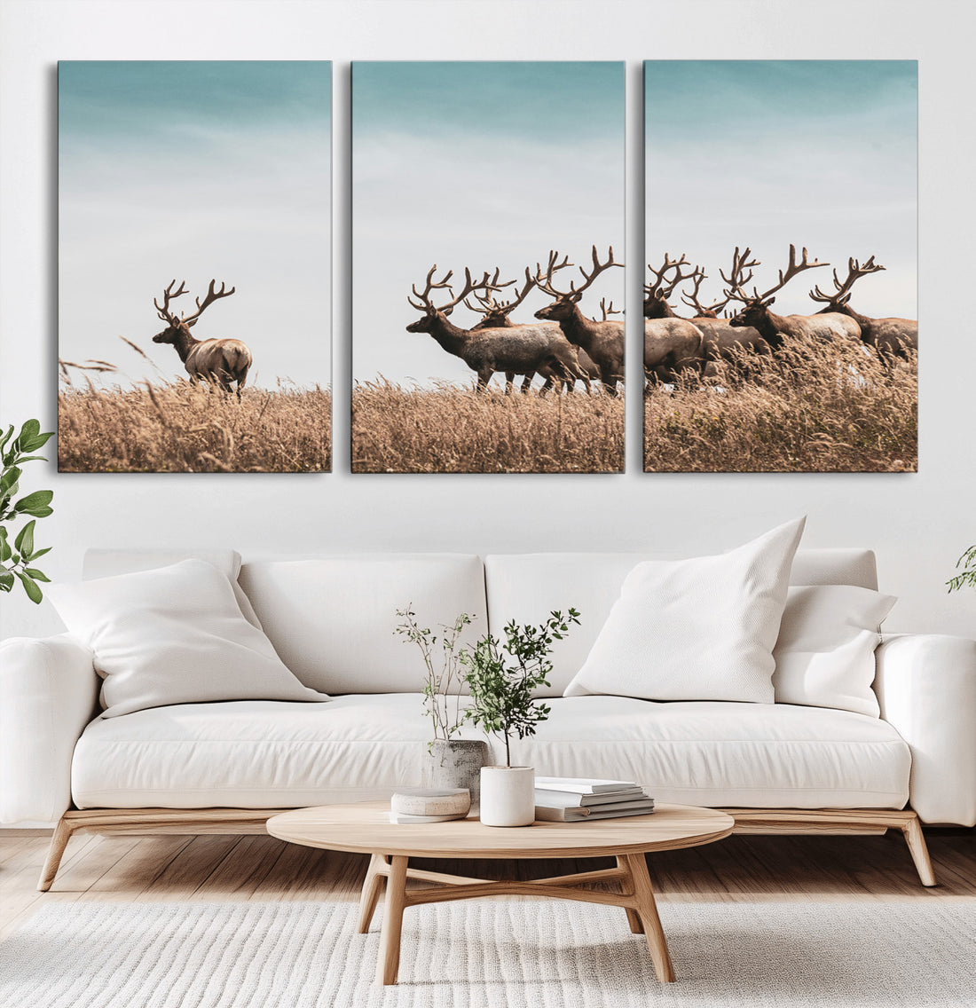 Elk Herd Wall Art Canvas Print, Framed Wildlife Photography Antler Art, Rustic Nature Wildlife Decor