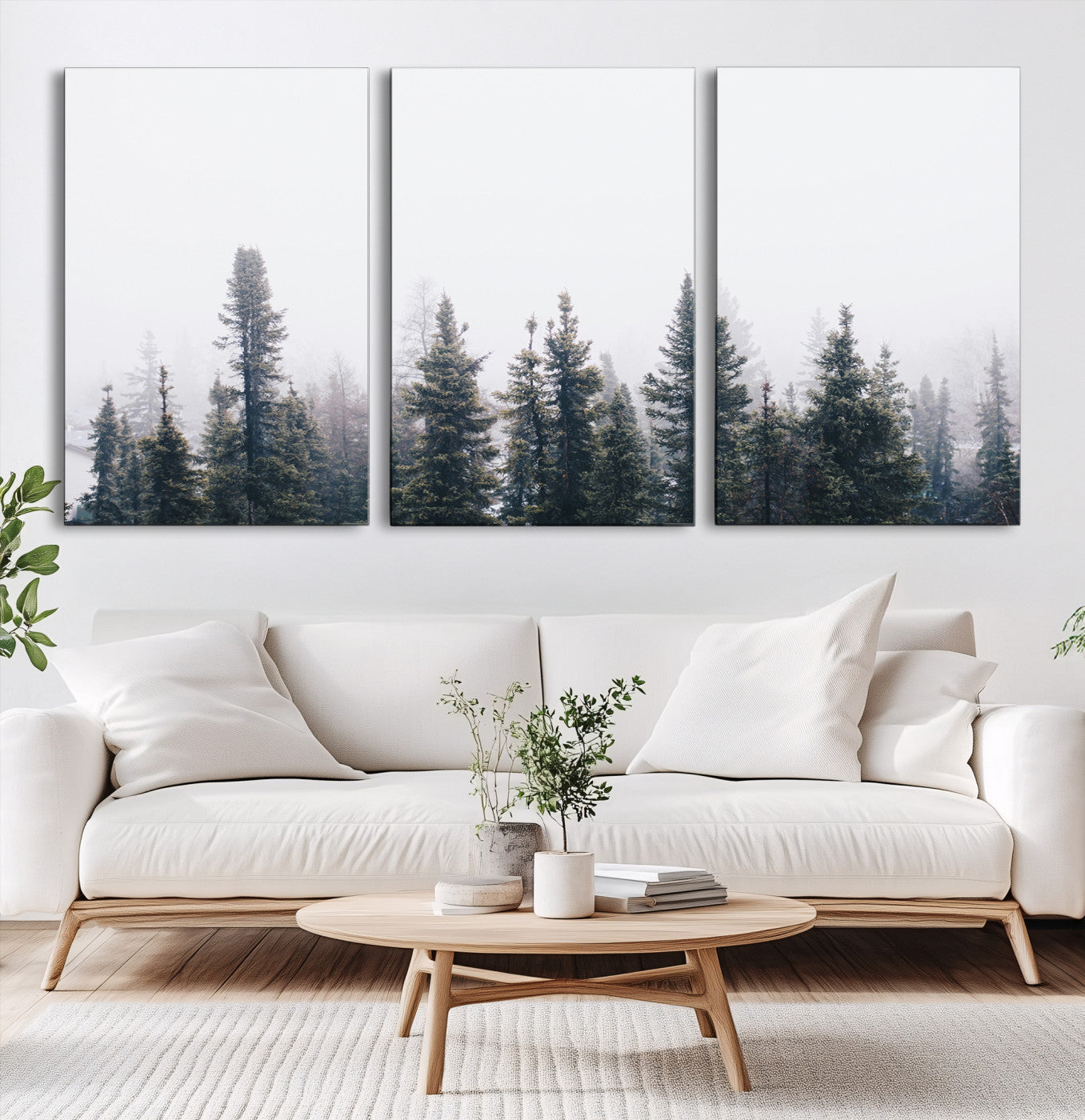 42364796-MGV-CV-60X30-3P-Foggy Forest Wall Art Canvas Print, Framed Misty Pines Art Picture Print, Moody Woodland Perfect Scandinavian Minimalist Decor Artwork