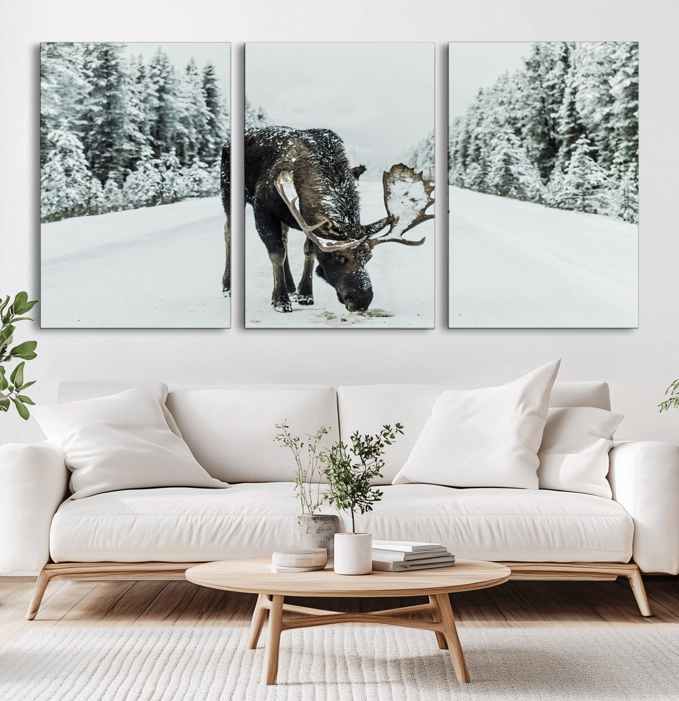 MGV-CV-60X30-3P - Moose in Snow Wall Art Canvas Print, Framed Winter Wildlife Art Picture Print, Snowy Forest Scene Perfect Rustic Lodge Decor Artwork
