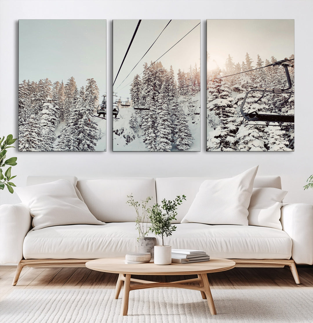 91534512-MGV-CV-60X30-3P-Frosty Pines Wall Art Canvas Print, Framed Cozy Cabin View Art Picture Print, Ski Lift Ride Perfect Rustic Lodge Decor Artwork