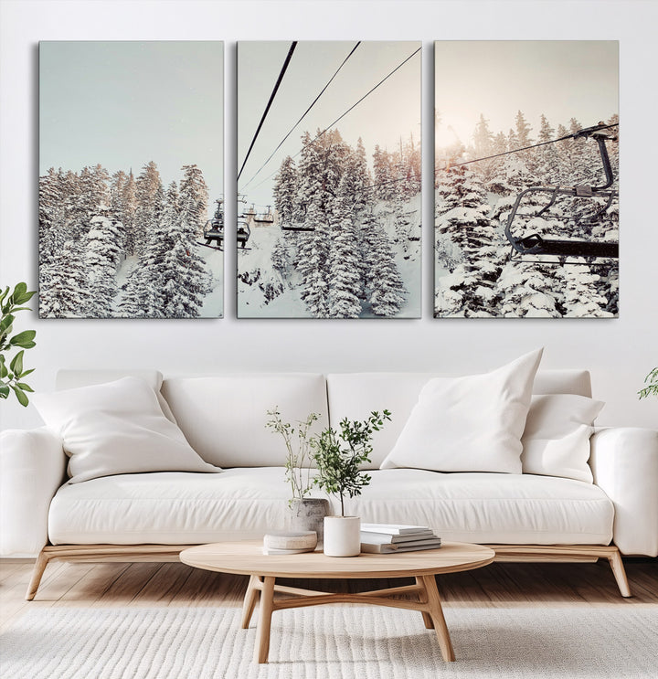 91534512-MGV-CV-60X30-3P-Frosty Pines Wall Art Canvas Print, Framed Cozy Cabin View Art Picture Print, Ski Lift Ride Perfect Rustic Lodge Decor Artwork