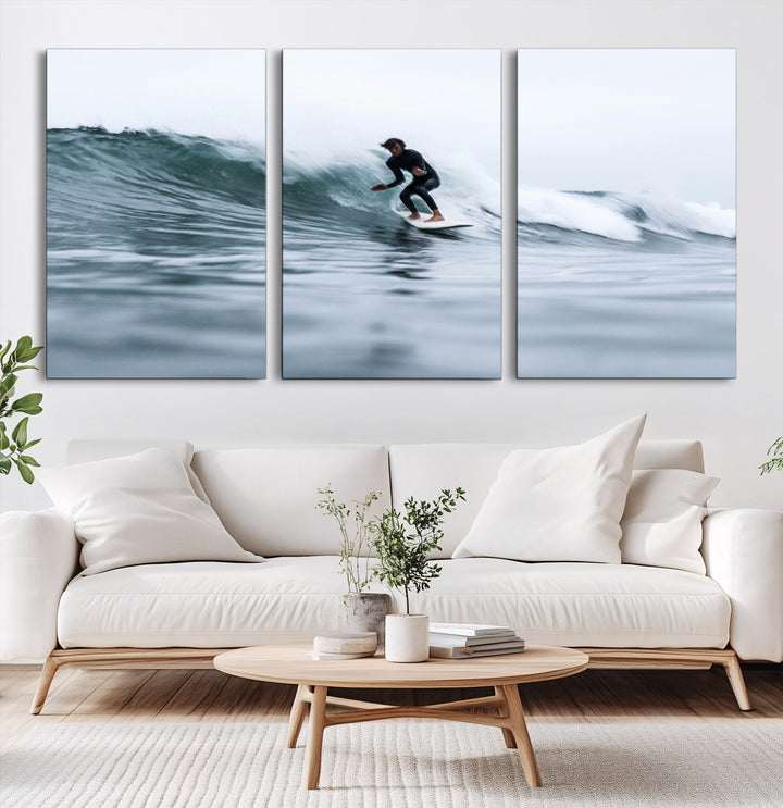 Surfer on Wave Wall Art Canvas Print, Ocean Adventure Print, Framed Motion Blur Water Art Print, Large Deep Blue Surf Printing