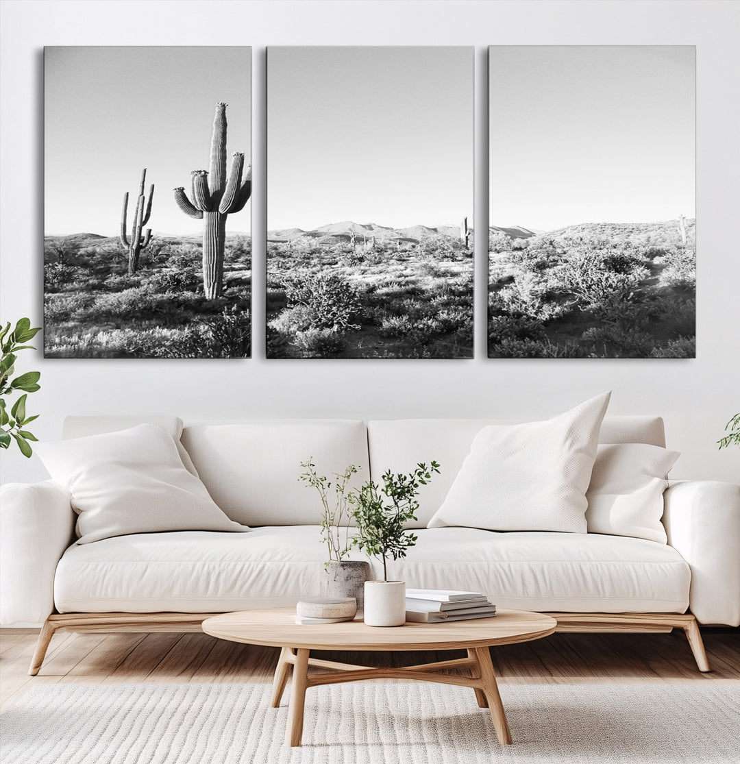 Saguaro Cactus Wall Art Canvas Print, Monochrome Landscape Print, Framed Scenic Arizona Art Print, Large Timeless Western Aesthetic Printing