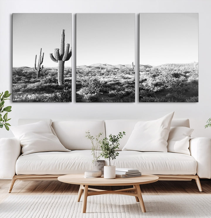 Saguaro Cactus Wall Art Canvas Print, Monochrome Landscape Print, Framed Scenic Arizona Art Print, Large Timeless Western Aesthetic Printing