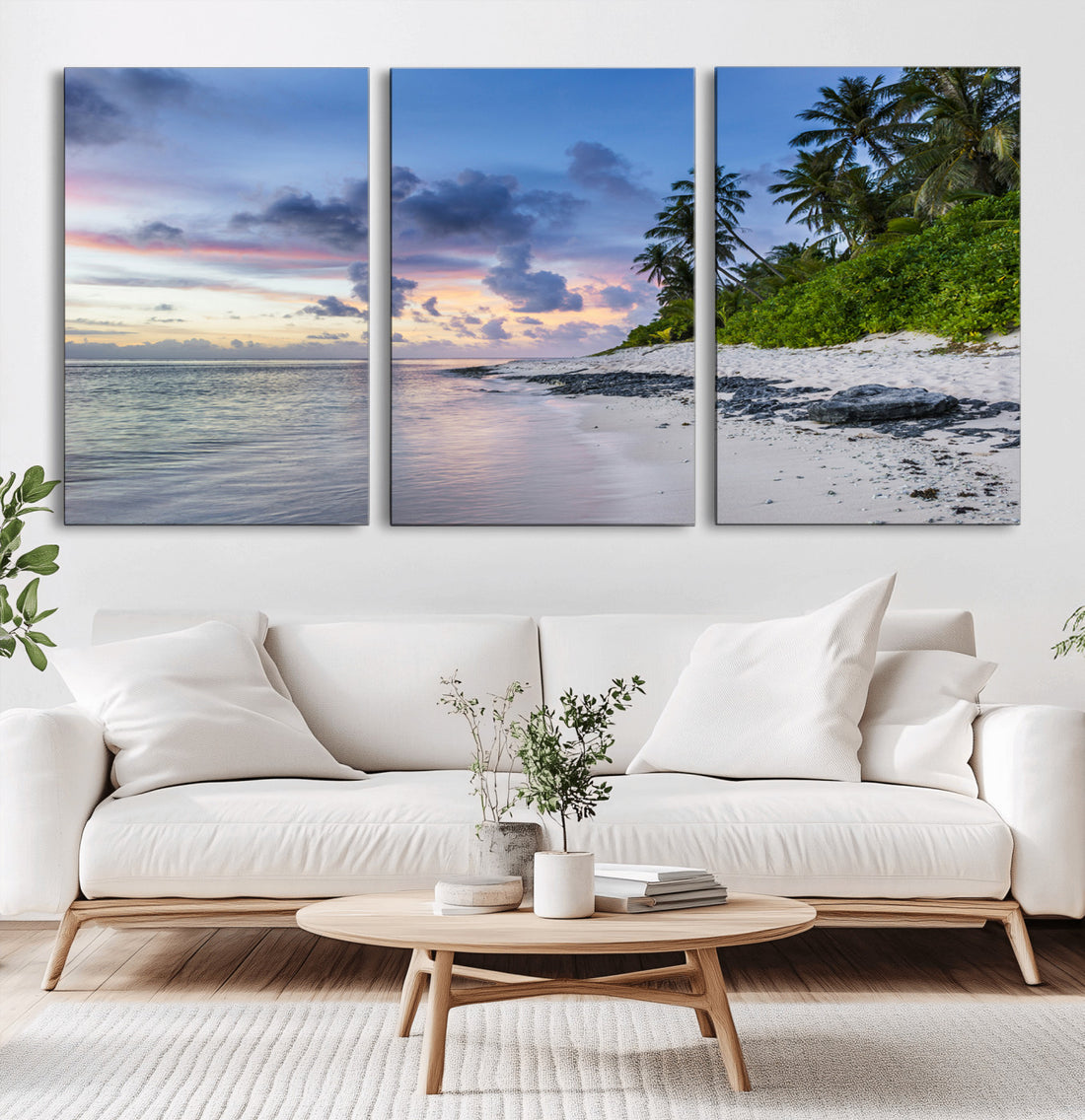 Tropical Beach Wall Art Canvas Print, Framed Sunset Glow Palm Tree Coastal Artwork
