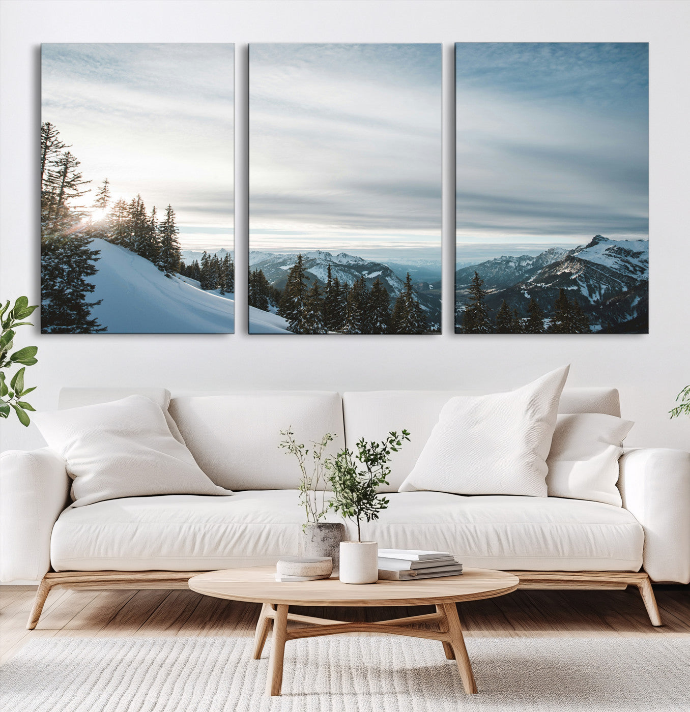 55564749-MGV-CV-60X30-3P-Snowy Mountains Wall Art Canvas Print, Framed Alpine Landscape Art Picture Print, Frosty Peaks Perfect Nordic Minimalist Decor Artwork