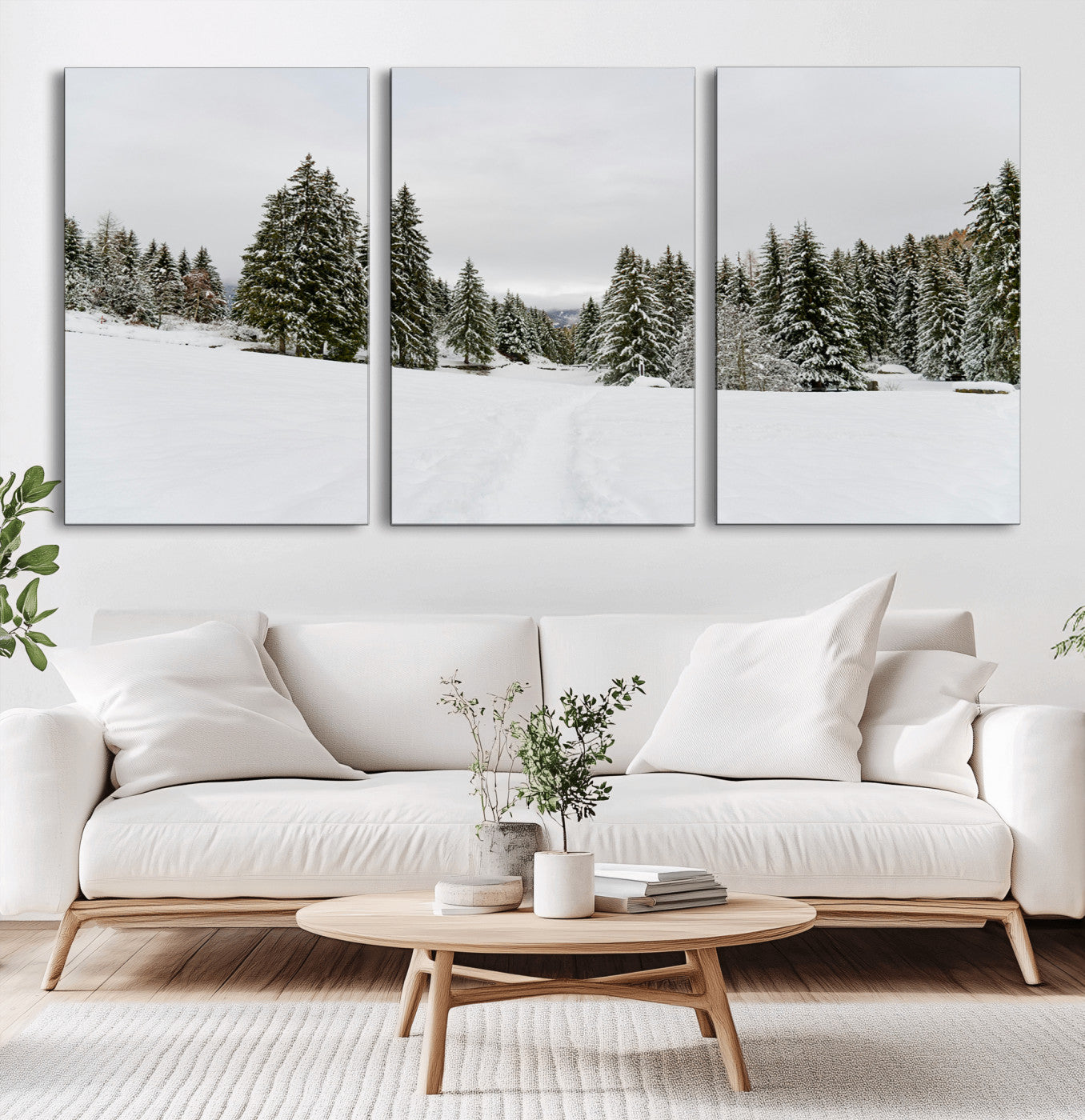 24581417-MGV-CV-36X24-Frosty Pines Wall Art Canvas Print – Framed Silent Snowfall Cozy Cabin Nordic Minimalist Winter Landscape Artwork for Home, Office