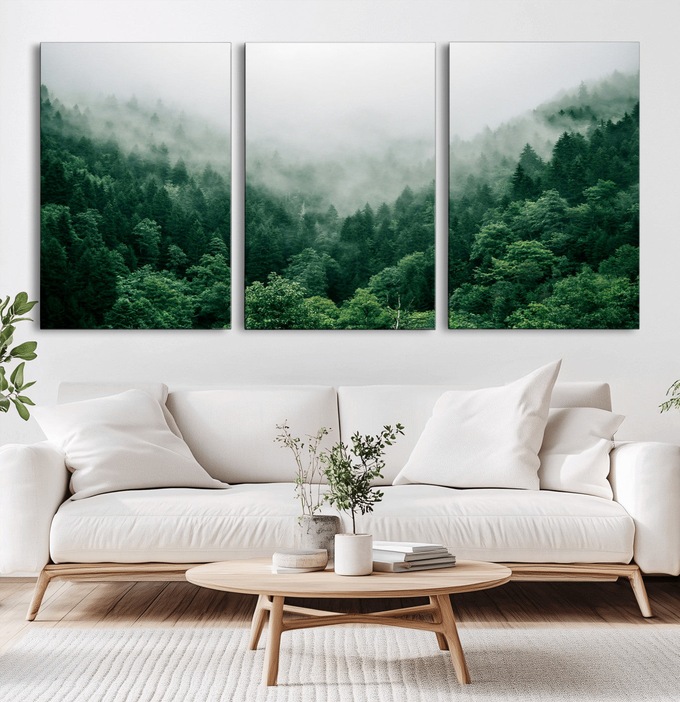 MGV-CV-60X30-3P - Misty Green Forest Canvas Print – Serene Foggy Pine Landscape Wall Art, Tranquil Nature Decor for